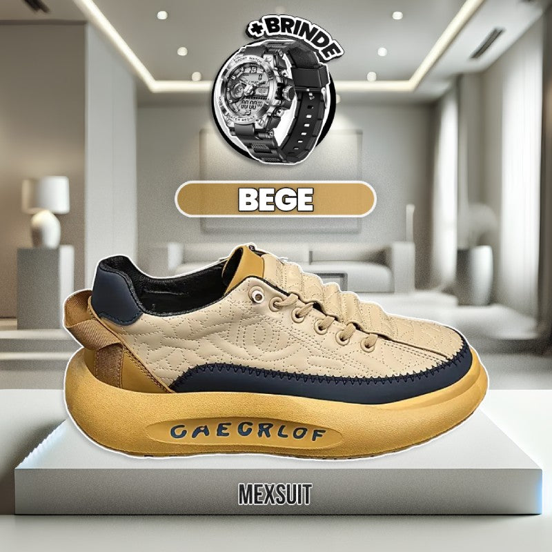 Kit Tênis Air Gforce Masculino de Couro Legítimo Ortopédico + BRINDE: Relógio Militar