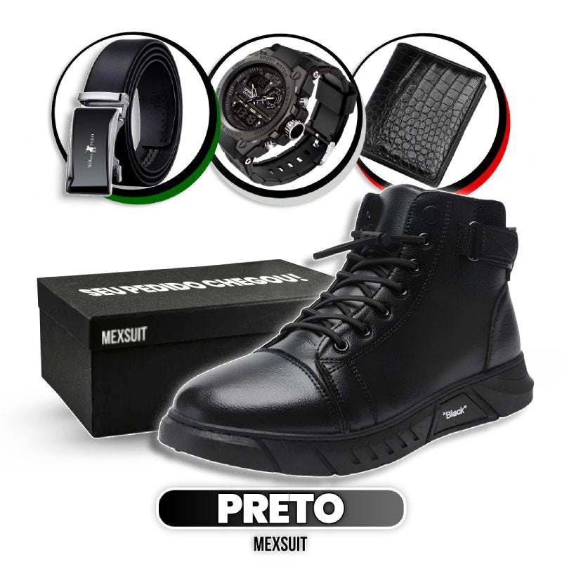 Kit Bota Italiana Vitello Masculina de Couro Legitimo + 3 BRINDES: Cinto, Relógio e Carteira