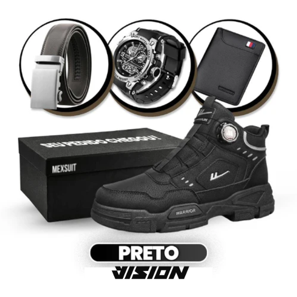 Kit Premium Warrior: Bota Militar de Couro Masculina com Cinto, Relógio e Carteira de Brinde