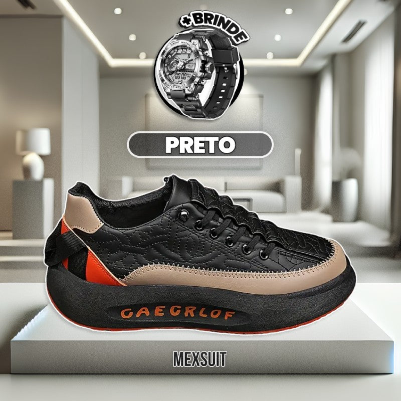 Kit Tênis Air Gforce Masculino de Couro Legítimo Ortopédico + BRINDE: Relógio Militar