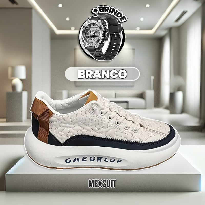 Kit Tênis Air Gforce Masculino de Couro Legítimo Ortopédico + BRINDE: Relógio Militar