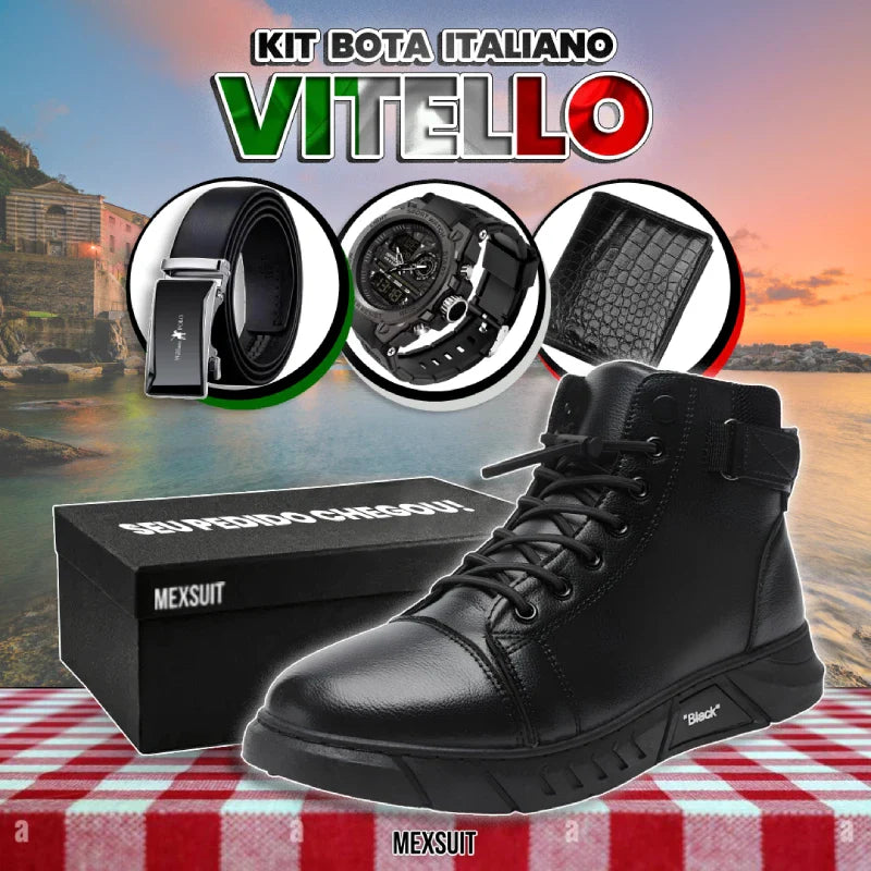 Kit Bota Italiana Vitello Masculina de Couro Legitimo + 3 BRINDES: Cinto, Relógio e Carteira